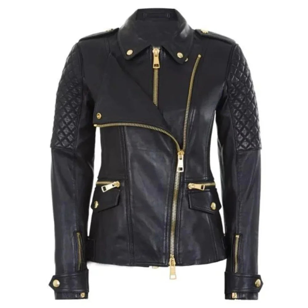 Women's Asymmetrical Quilted  Shoulder Black Leather Jacket