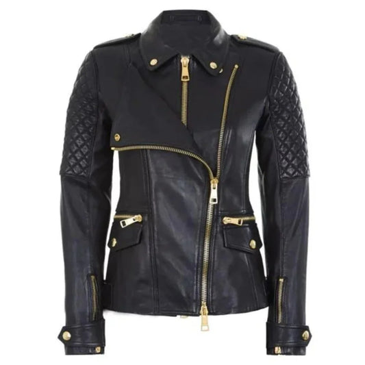 Women's Asymmetrical Quilted  Shoulder Black Leather Jacket