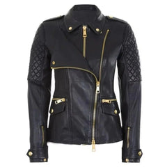 Women's Asymmetrical Quilted  Shoulder Black Leather Jacket