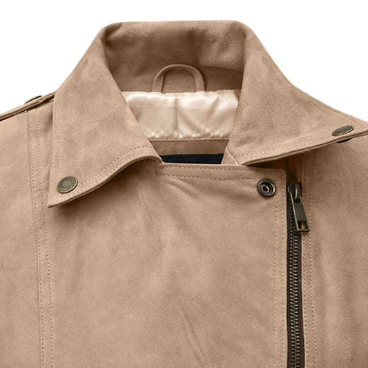 Women’s Beige Suede Leather Jacket with Fringe Trim