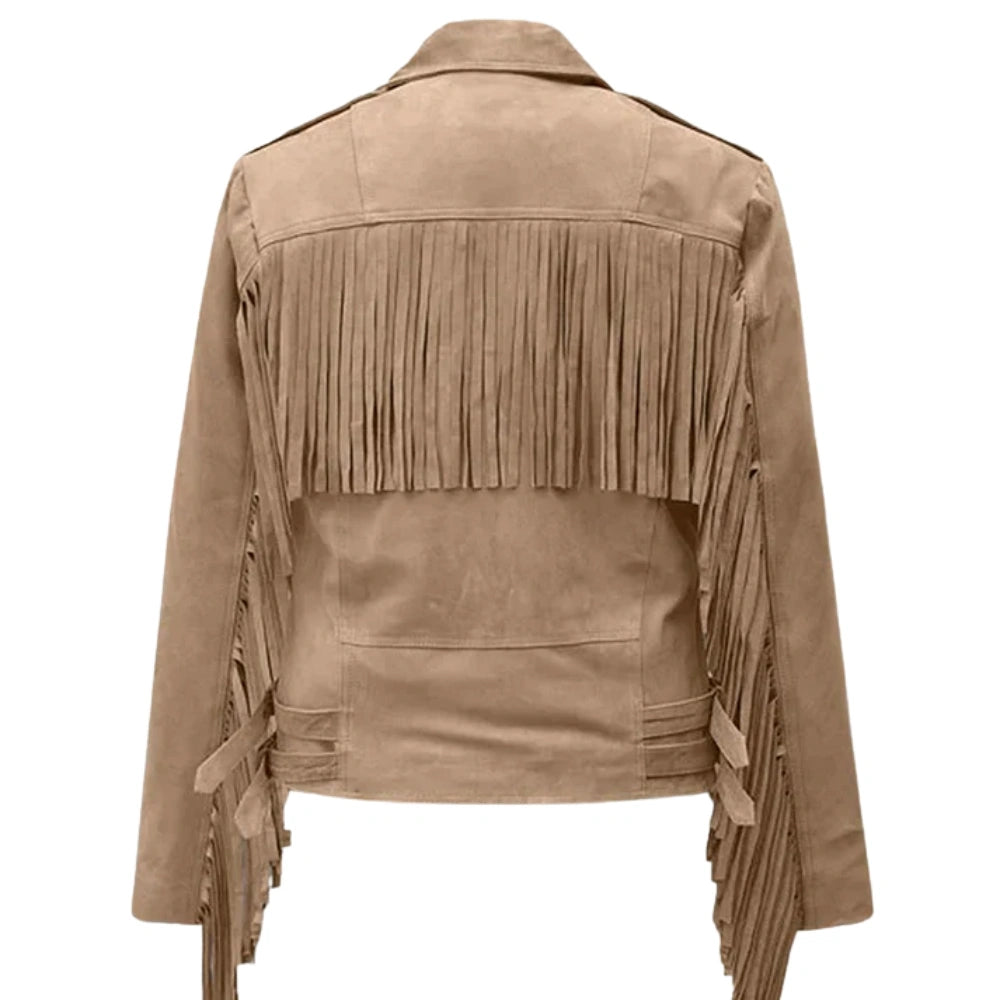 Women’s Beige Suede Leather Jacket with Fringe Trim