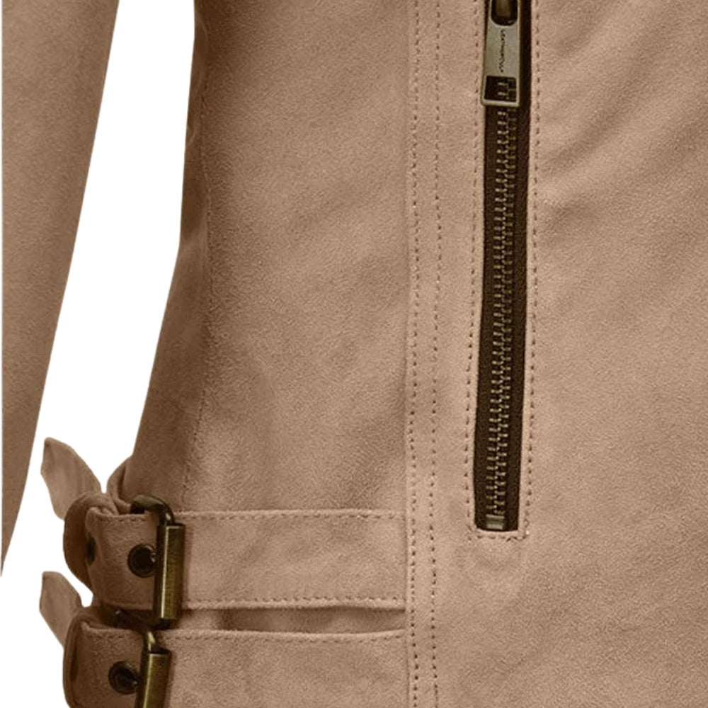 Women’s Beige Suede Leather Jacket with Fringe Trim