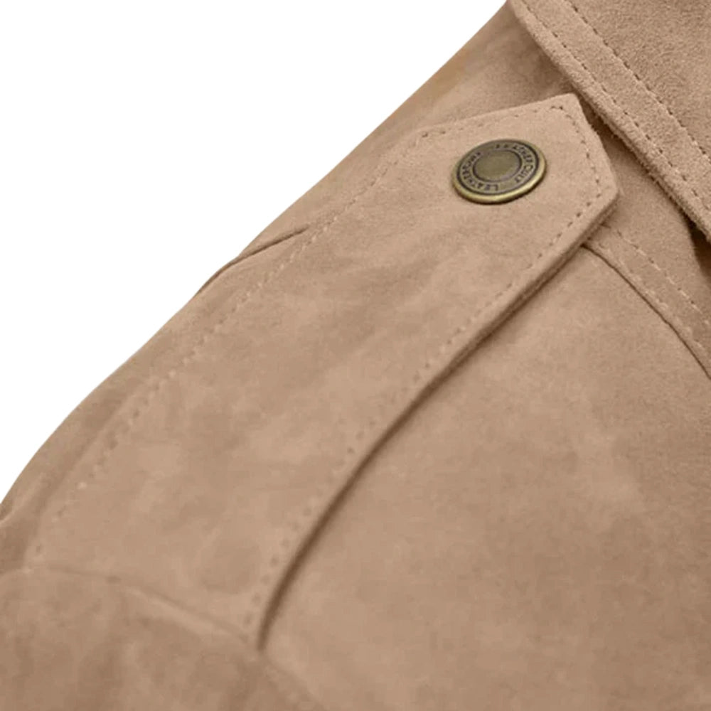 Women’s Beige Suede Leather Jacket with Fringe Trim