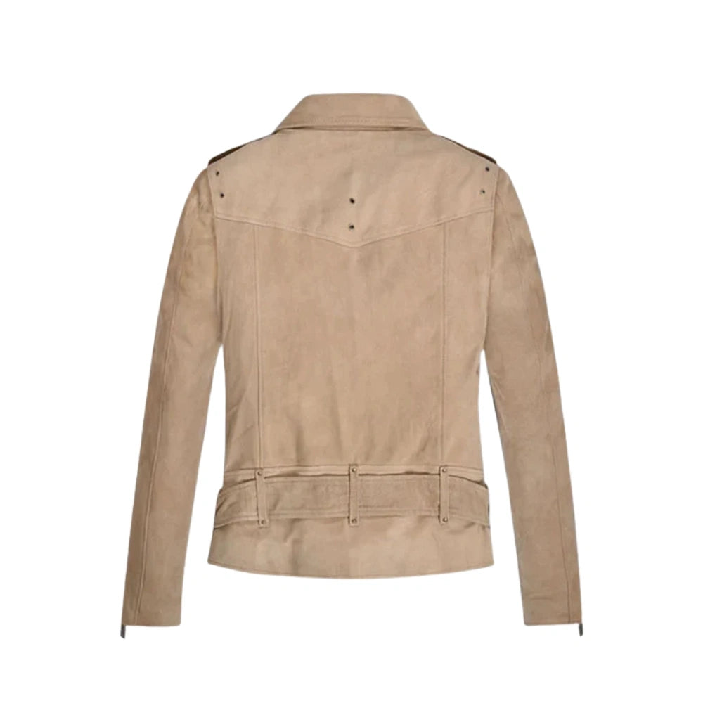 Women’s Belted Beige Suede Leather Jacket