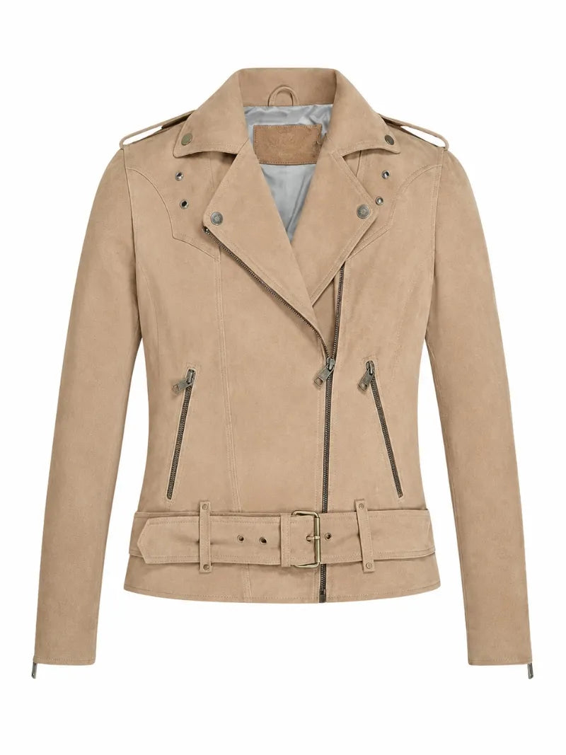 Women’s Belted Beige Suede Leather Jacket Front 