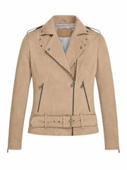 Women’s Belted Beige Suede Leather Jacket Front 