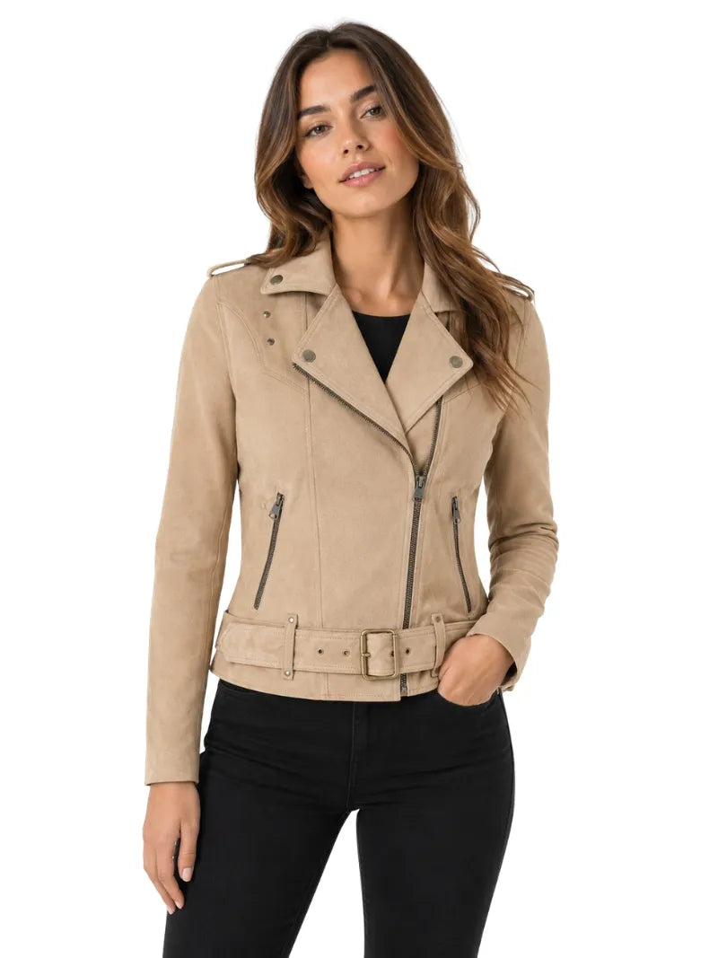 Women’s Belted Beige Suede Leather Jacket Full 