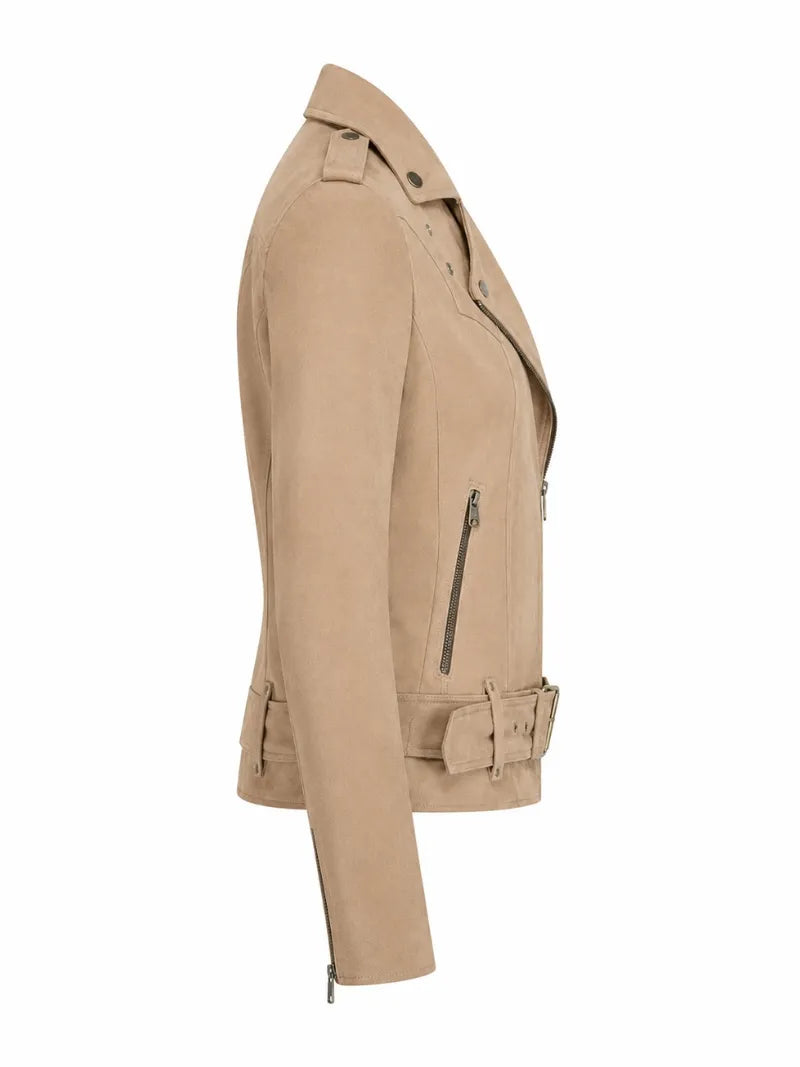 Women’s Belted Beige Suede Leather Jacket Right 