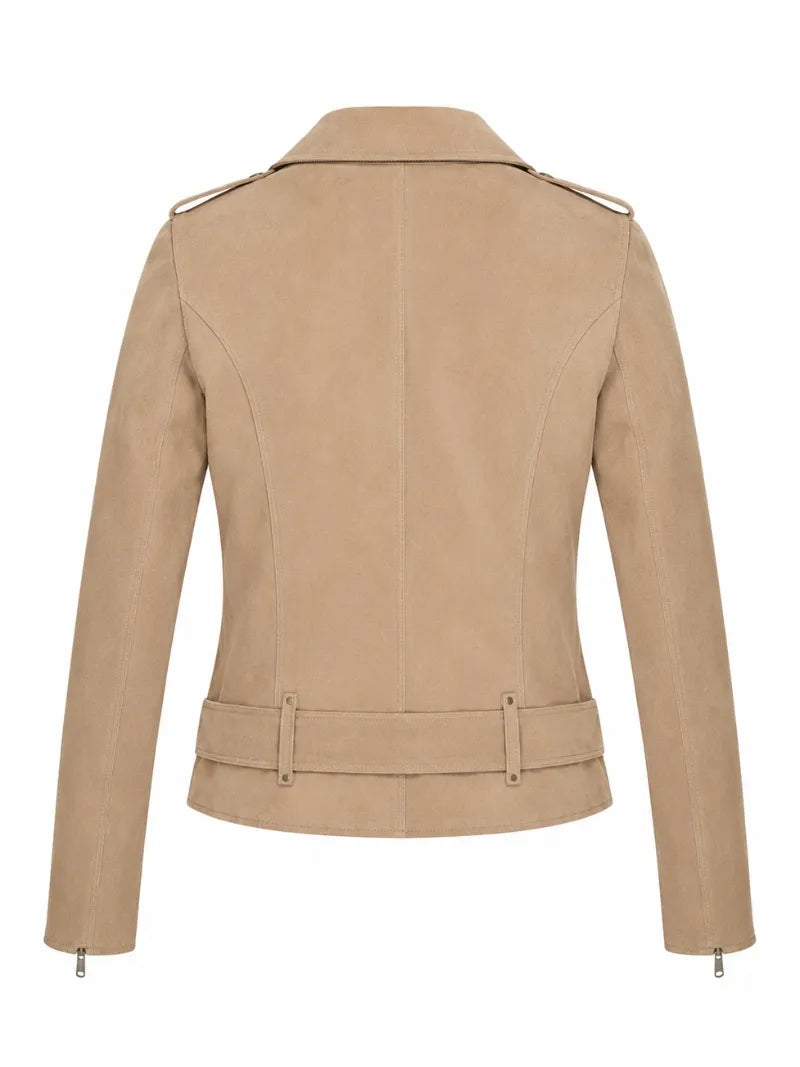 Women’s Belted Beige Suede Leather Jacket Back 