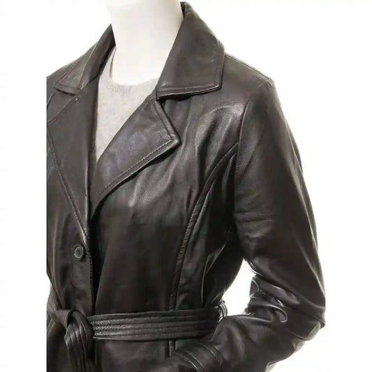 Women's Belted Black Leather Overcoat