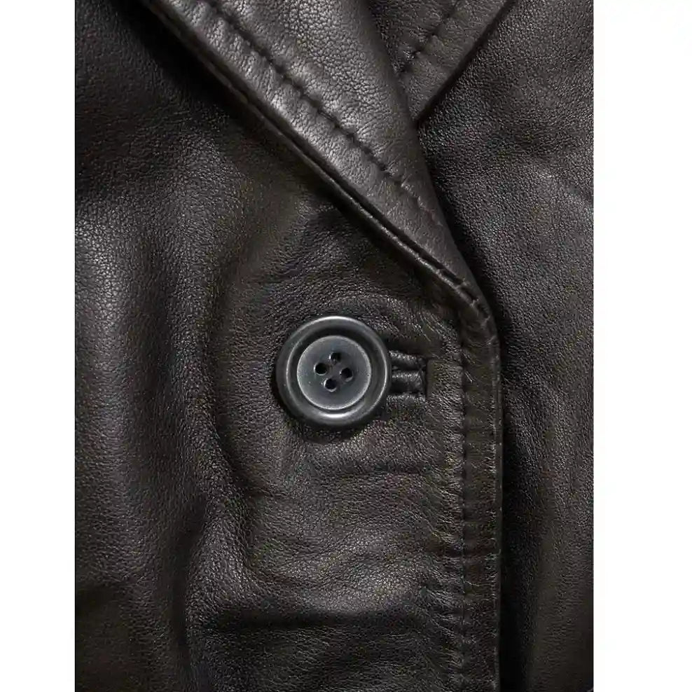 Women's Belted Black Leather Overcoat