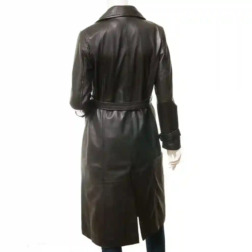 Women's Belted Black Leather Overcoat