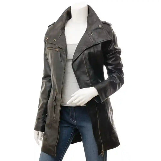 Women's Black Belted Leather Trench Coat