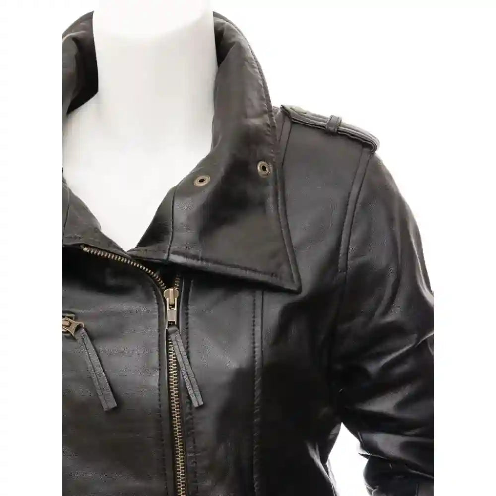 Women's Black Belted Leather Trench Coat