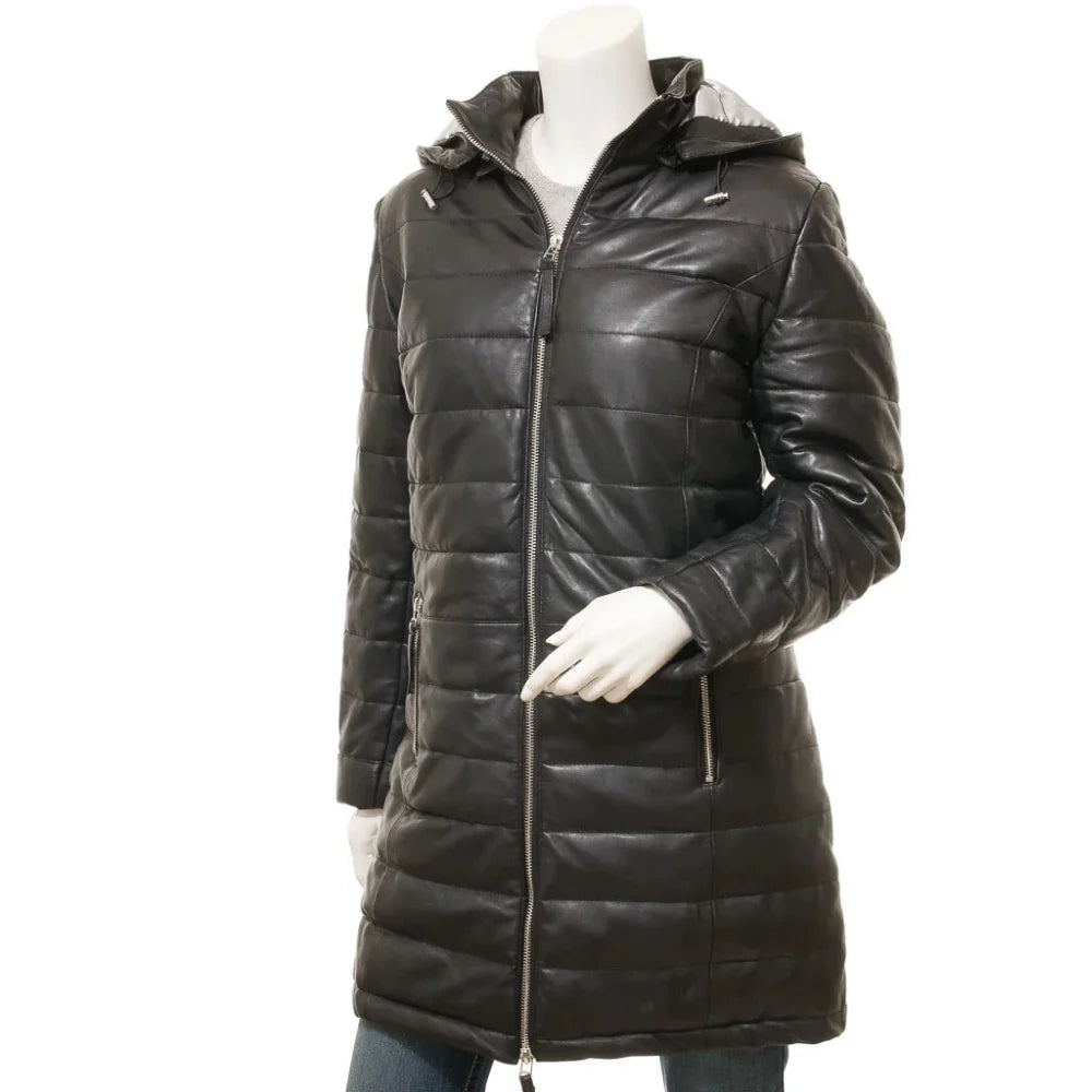 Women's Black Hood Puffer Leather Coat