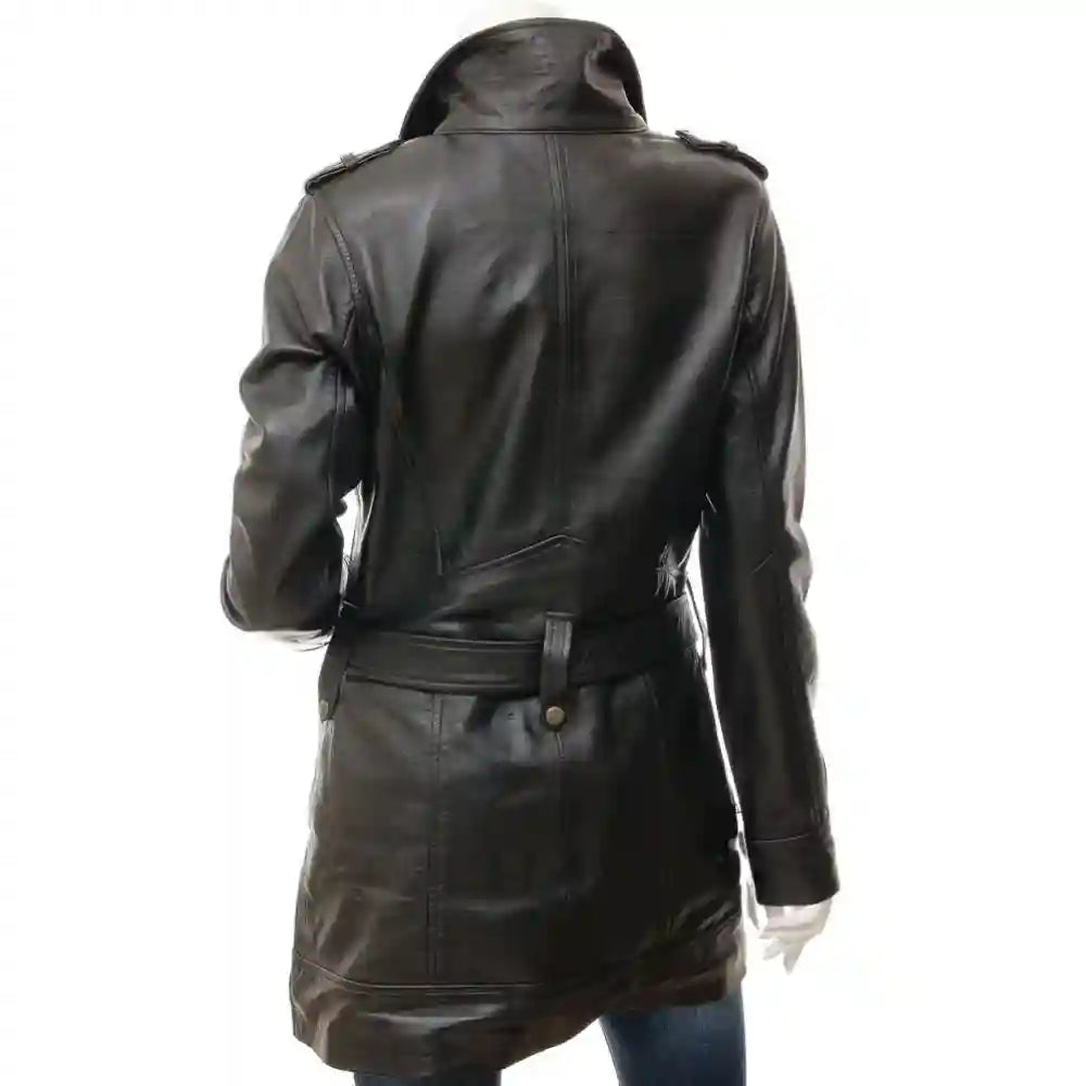Women's Black Belted Leather Trench Coat