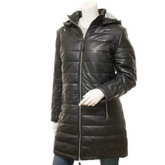 Women's Black Hood Puffer Leather Coat