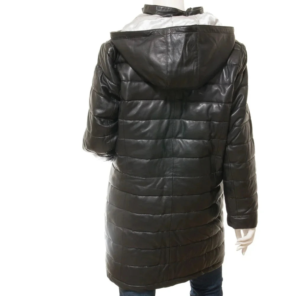 Women's Black Hood Puffer Leather Coat