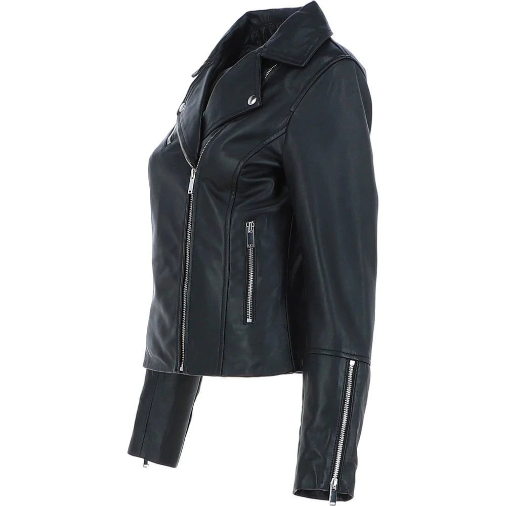 Women's Black Leather Lapel Zip Jacket