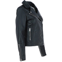 Women's Black Leather Lapel Zip Jacket