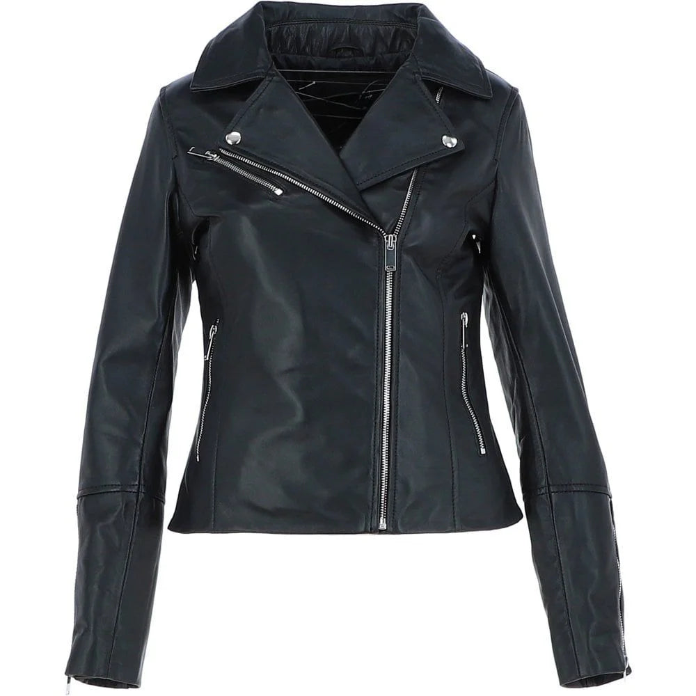 Women's Black Leather Lapel Zip Jacket
