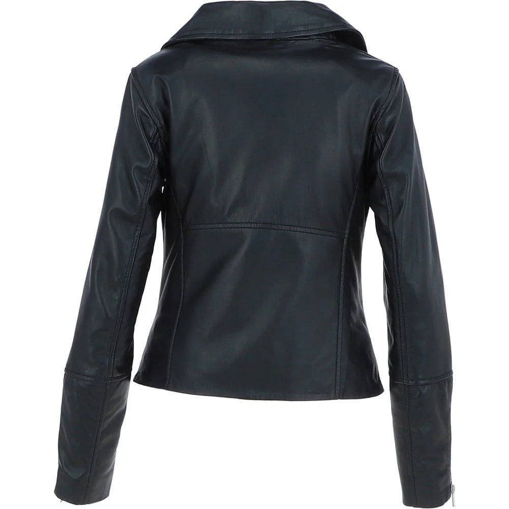Women's Black Leather Lapel Zip Jacket
