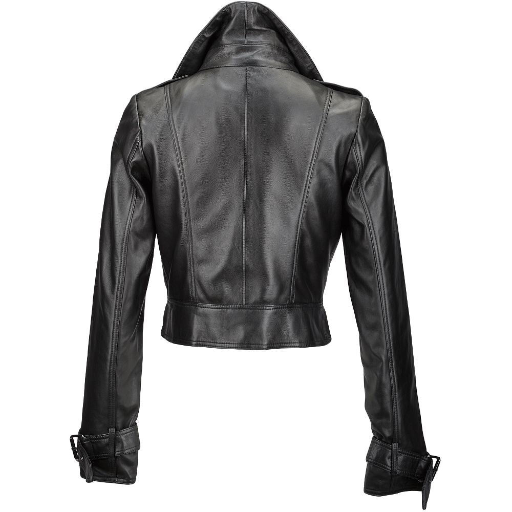 Women's Black Cropped Leather Moto Jacket 