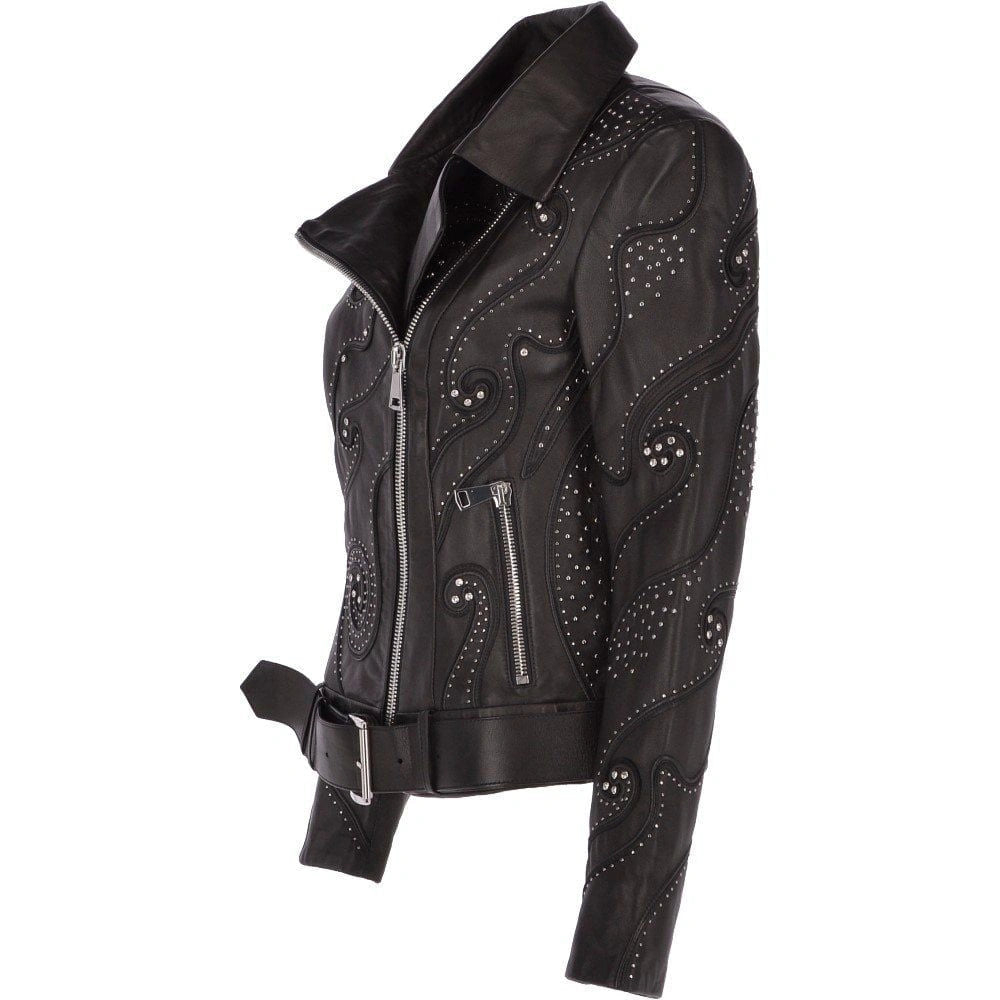 Women's Black Embellished Leather Jacket