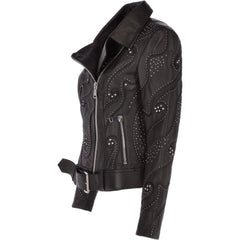 Women's Black Embellished Leather Jacket