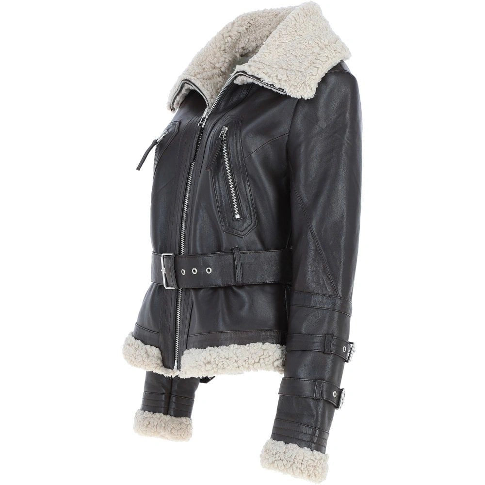 Women's Black Leather Belted Shearling Aviator Jacket