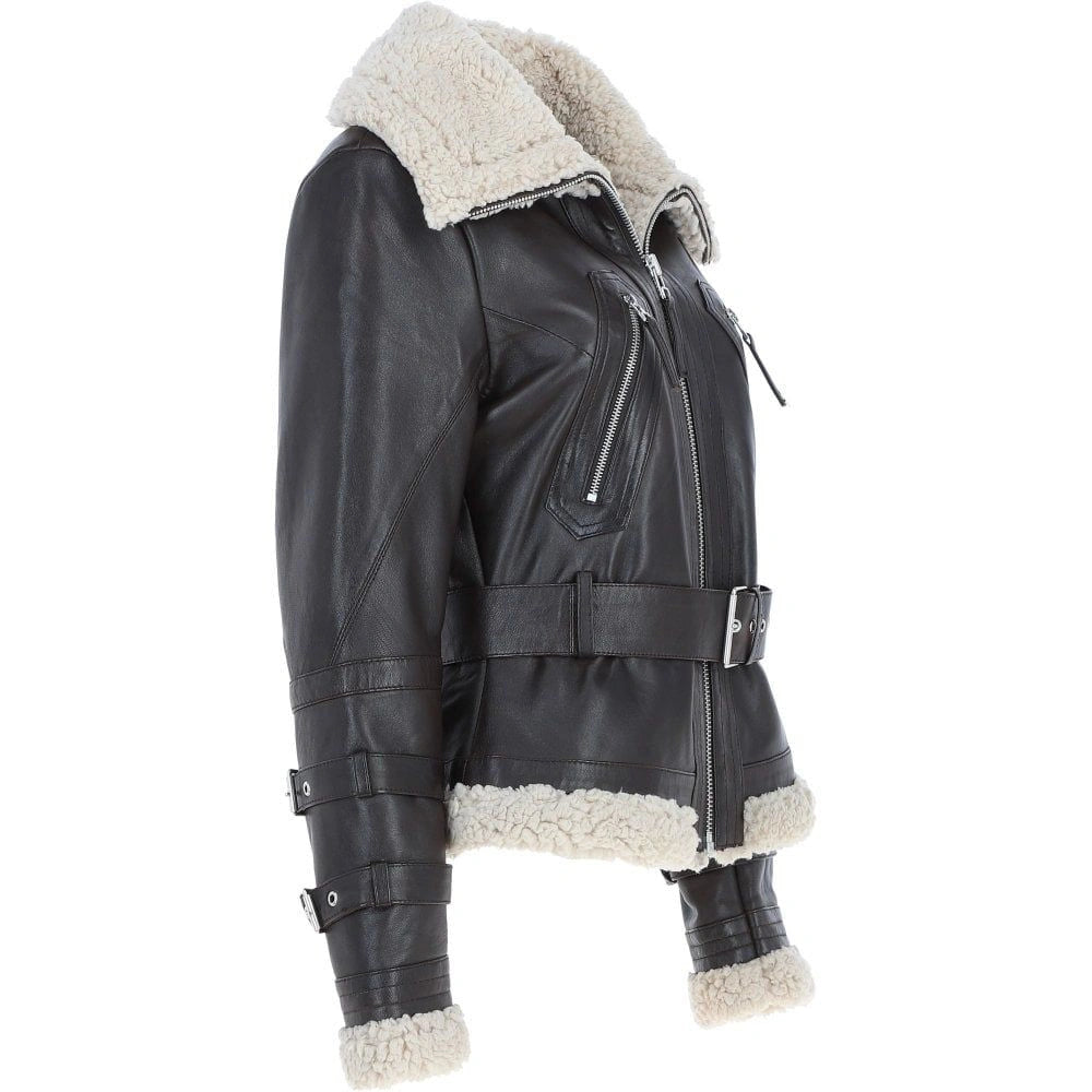 Women's Black Leather Belted Shearling Aviator Jacket
