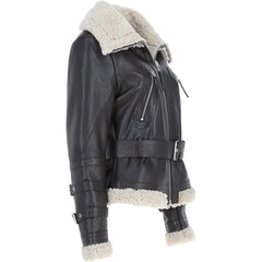 Women's Black Leather Belted Shearling Aviator Jacket