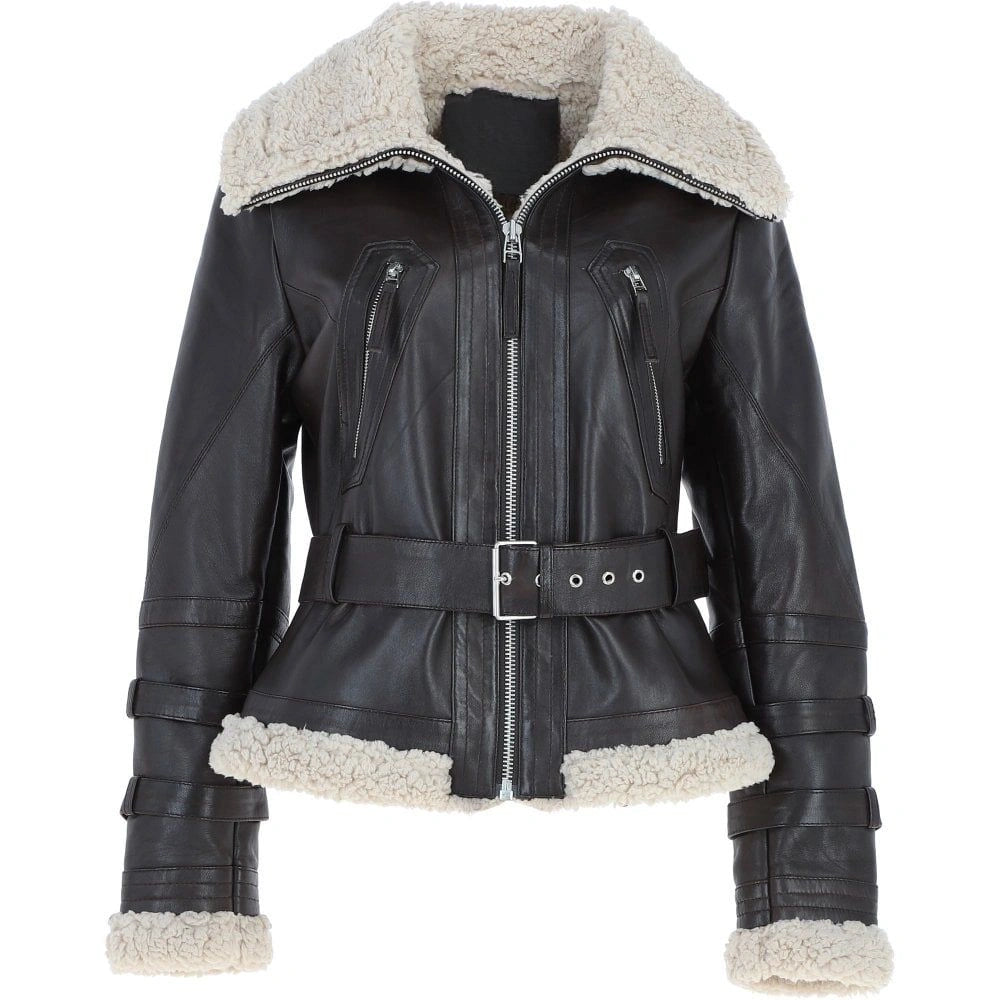 Women's Black Leather Belted Shearling Aviator Jacket