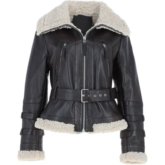 Women's Black Leather Belted Shearling Aviator Jacket