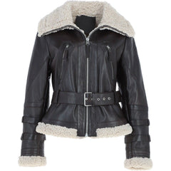 Women's Black Leather Belted Shearling Aviator Jacket