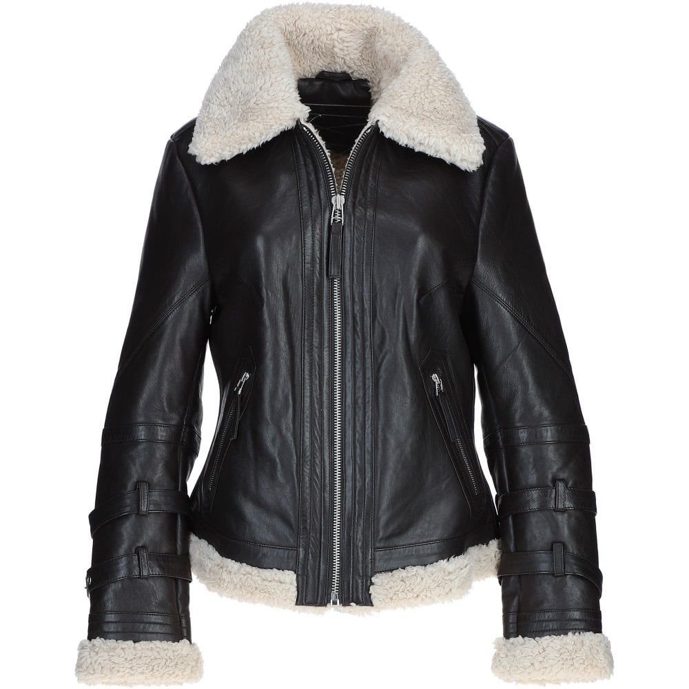 Women's Black Faux Leather Shearling Aviator Jacket