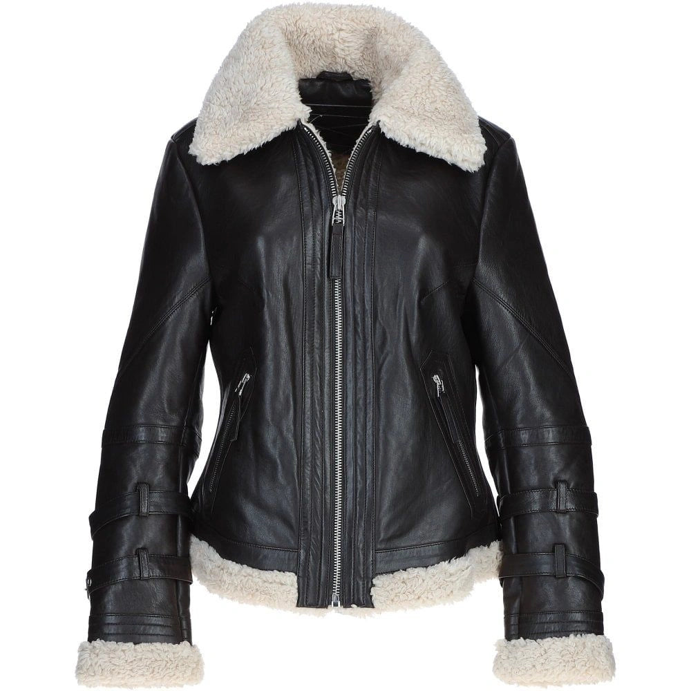 Women's Black Leather Shearling Aviator Jacket