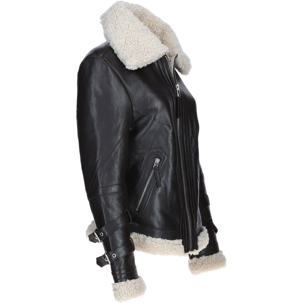 Women's Black Faux Leather Shearling Aviator Jacket