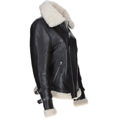 Women's Black Faux Leather Shearling Aviator Jacket