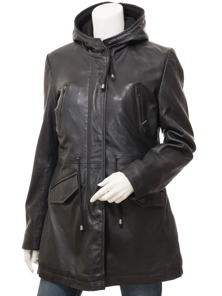 Women's Black Hooded Leather Coat