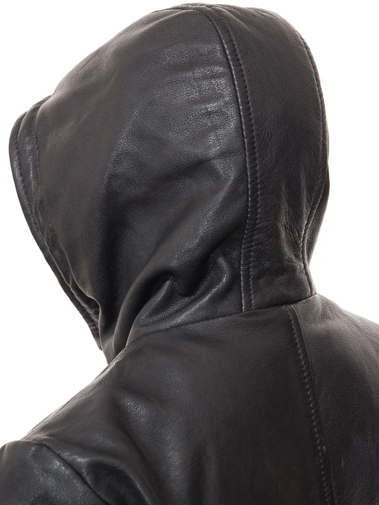 Women's Black Hooded Leather Coat