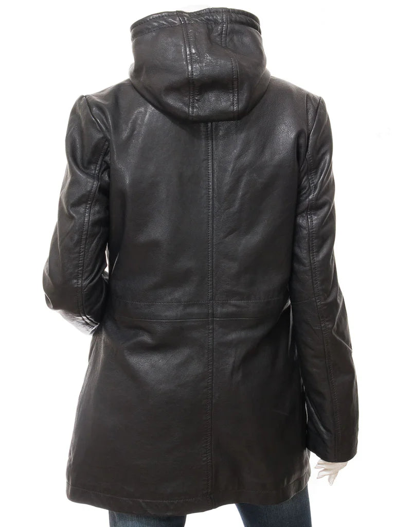 Women's Black Hooded Leather Coat