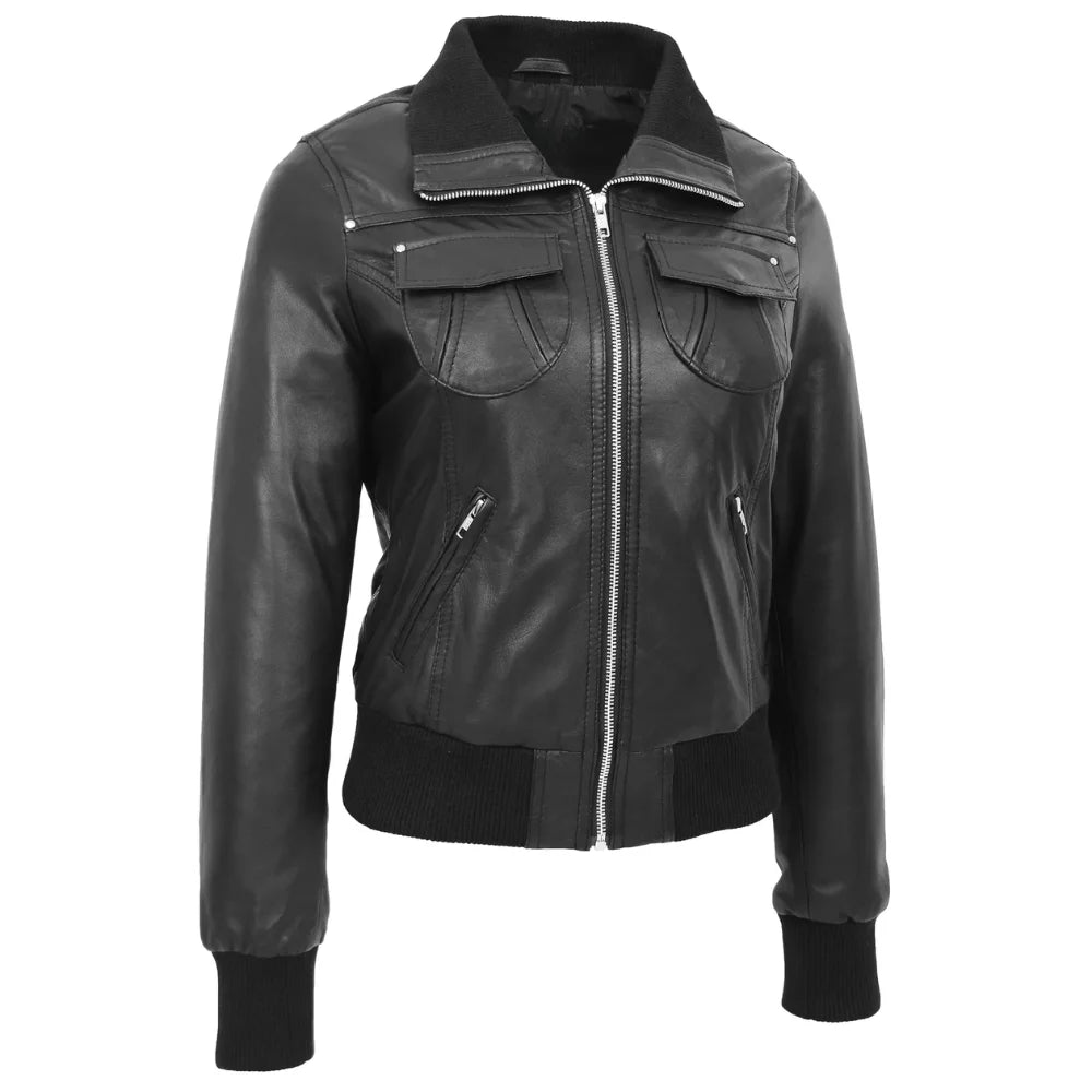 Women Classic Zip Up Black Leather Bomber Jacket