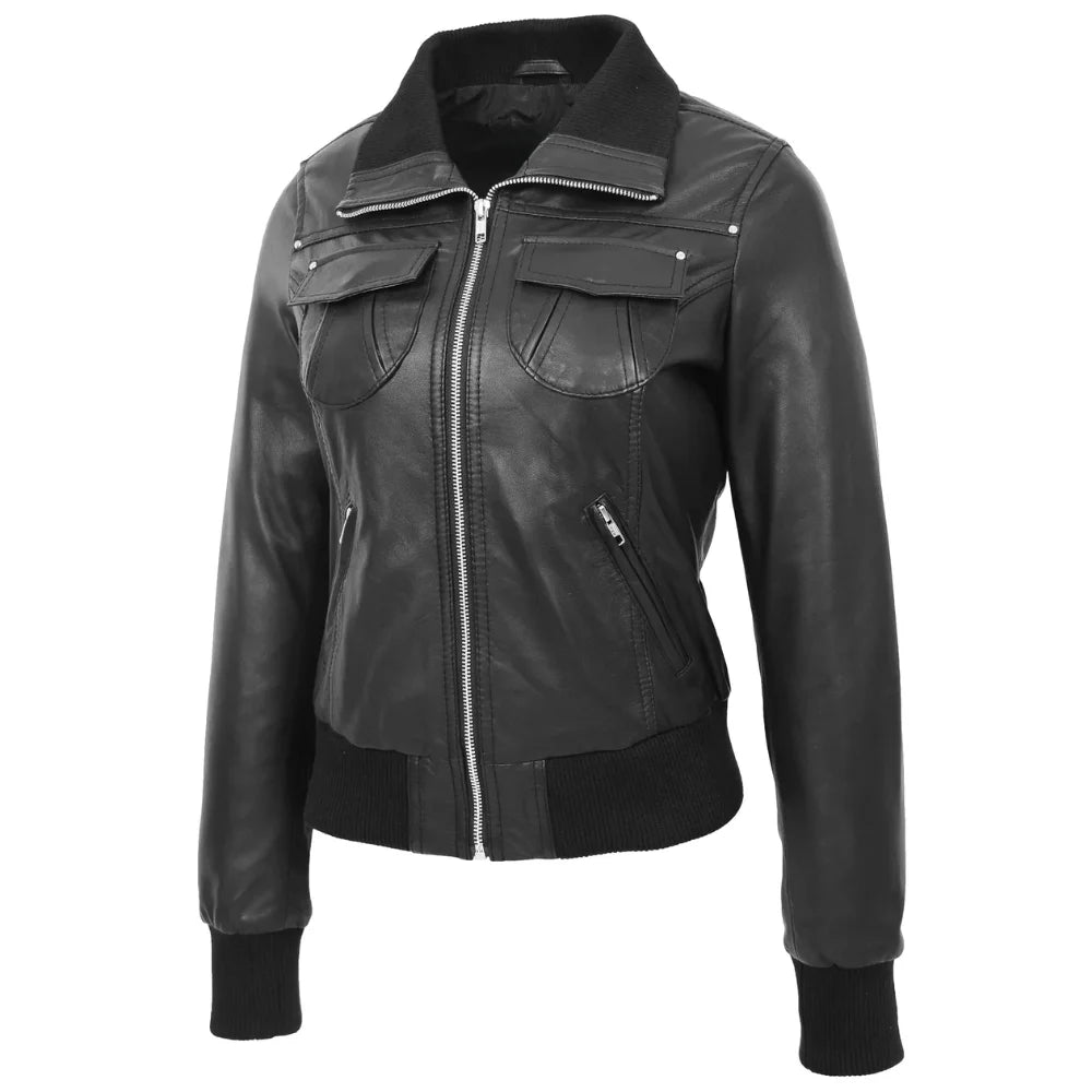 Women Classic Zip Up Black Leather Bomber Jacket
