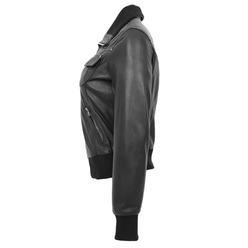 Women Classic Zip Up Black Leather Bomber Jacket
