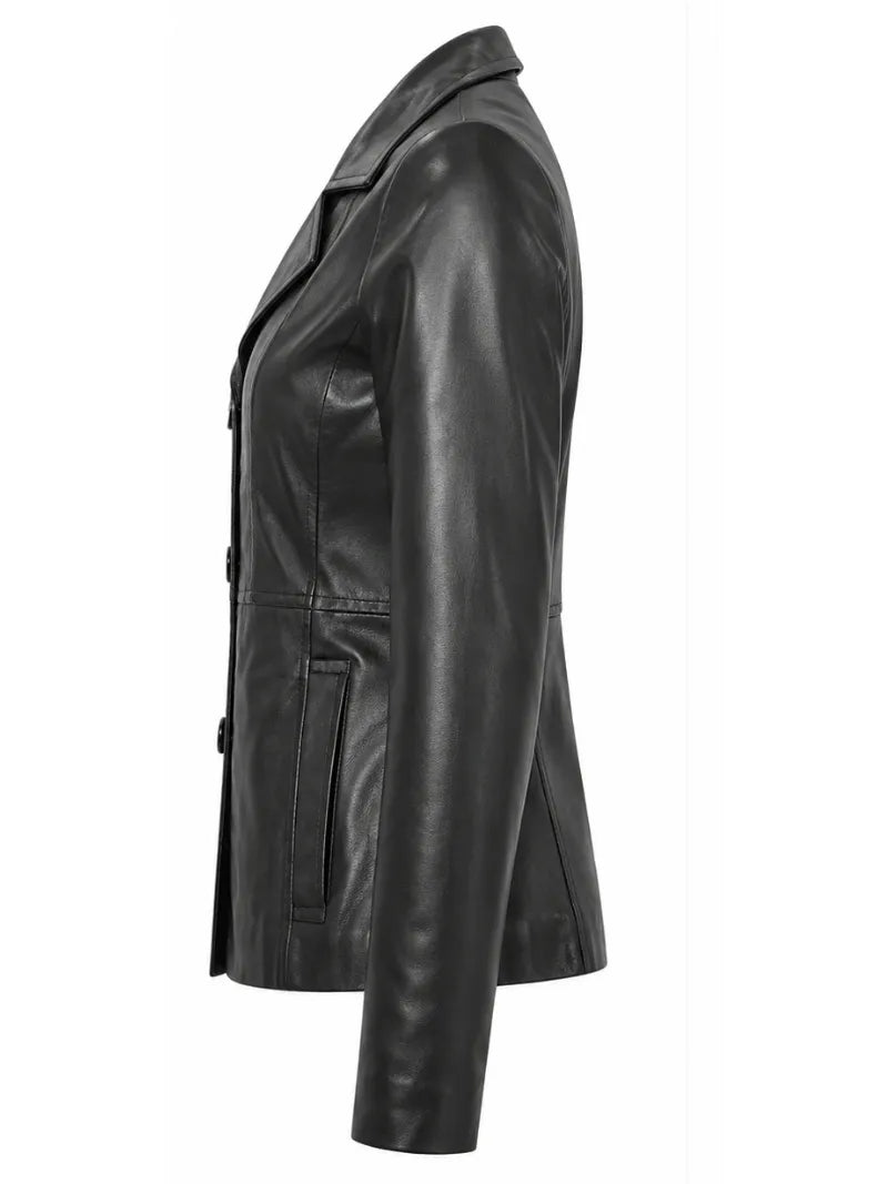 Women's Black Leather Button-up Jacket