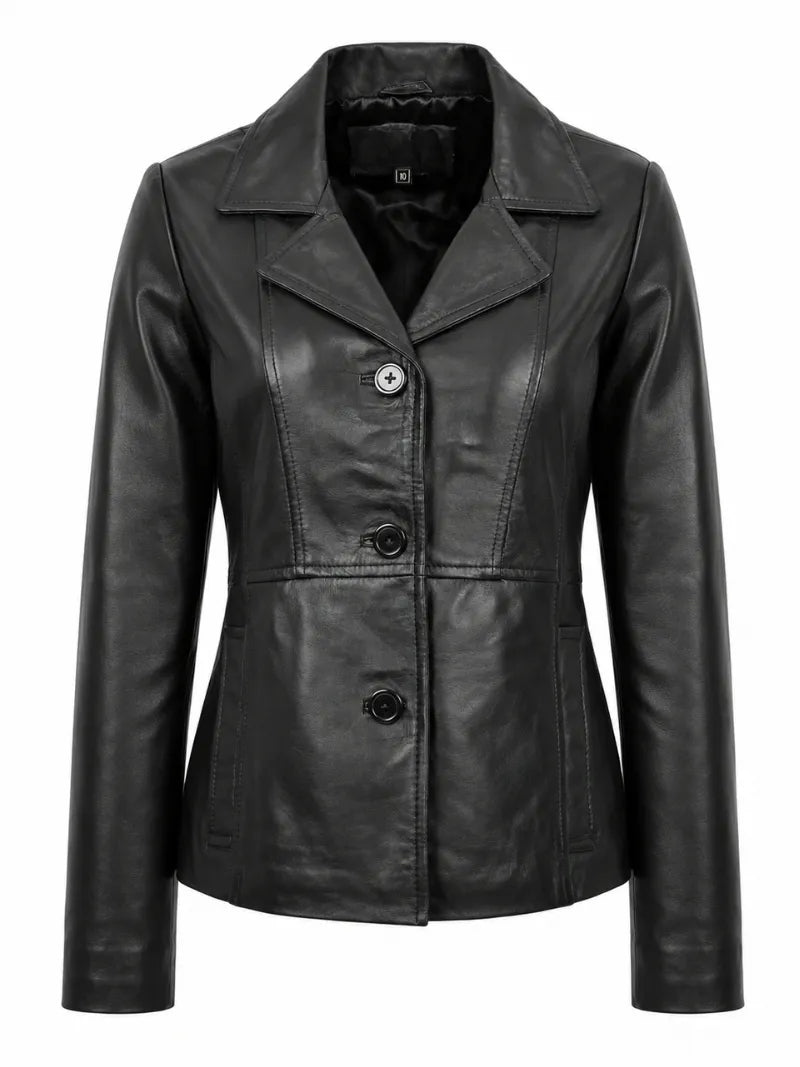Women's Black Leather Button-up Jacket