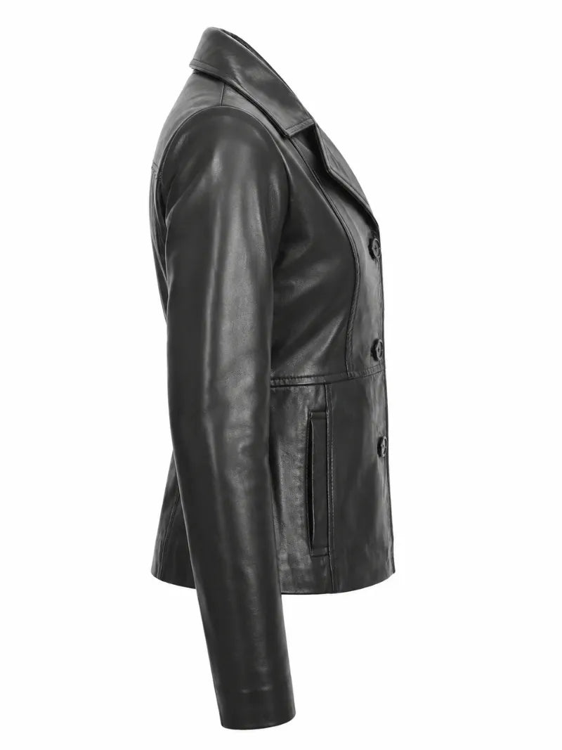 Women's Black Leather Button-up Jacket