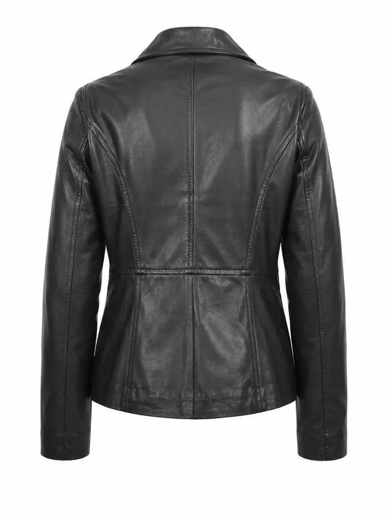 Women's Black Leather Button-up Jacket