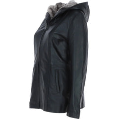 Women's Black Leather Hooded Jacket